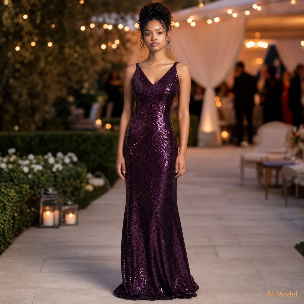 Nightway Sequin Gown Women 10 Plum Burgundy V-Neck Formal Prom Evening Dress